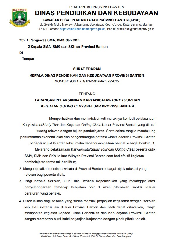 Pemprov Banten Larang Study Tour Keluar Daerah, Ini Alasannya
